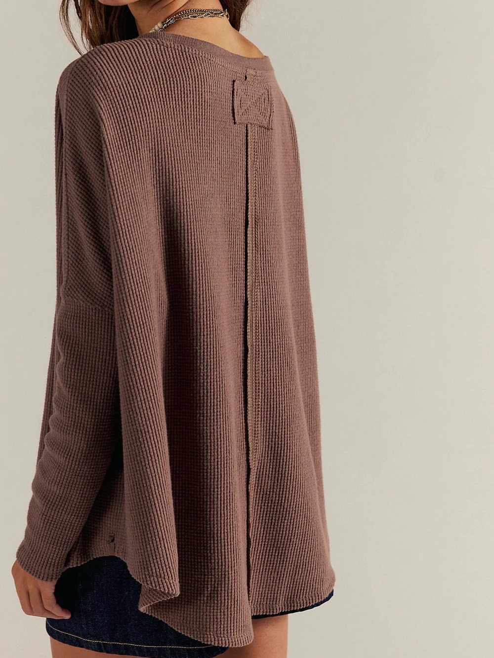 Free People Oversized Waffle Knit Crew Sweater - Taupe Brown - Picture 2 of 2